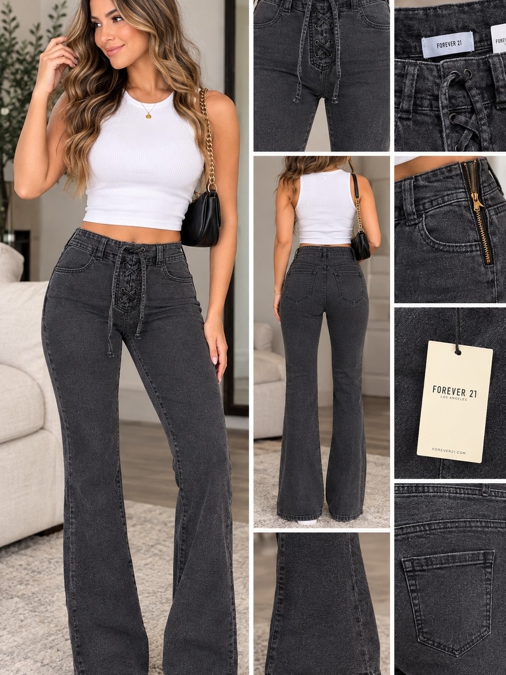 NWT Lace Up Flare Jeans Charcoal Black High Rise Y2K Trendy Size 28